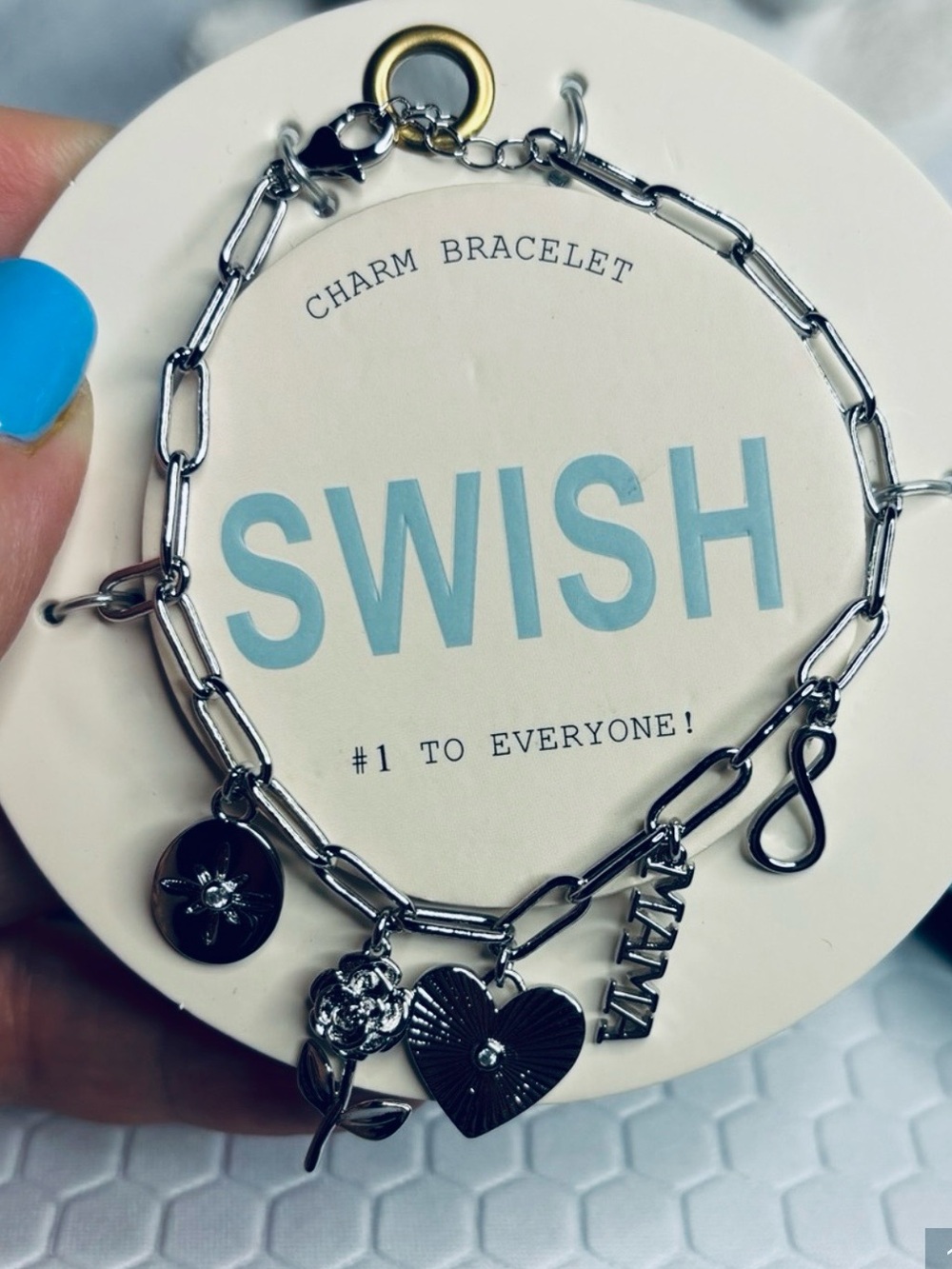 Swish Silver-Tone Link Charm Bracelet W/ Heart, Flower & Letter Tag